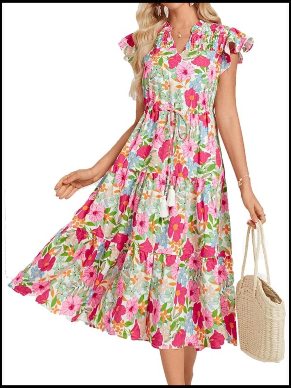 Polyester Floral Midi Dress with Drawstring Waist and Pockets